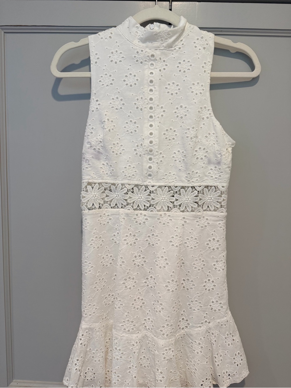 White Eyelet Halter Dress with Floral Lace Waist
